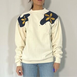 Vintage 80s White Crewneck Sweatshirt Art Deco Denim Patch Shoulders
